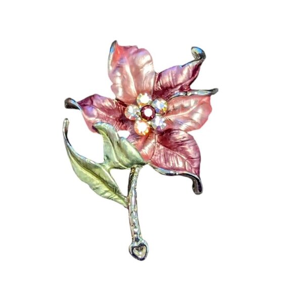 Vintage Brooch Pin Rhinestone AB Arora Borealis Flower Silver Statement Enamel - Picture 1 of 6